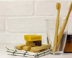 Toothbrushes in a glass cup